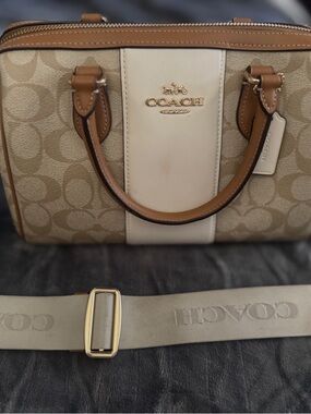 Coach Beige & Tan Signature Canvas Satchel with Leather Trim